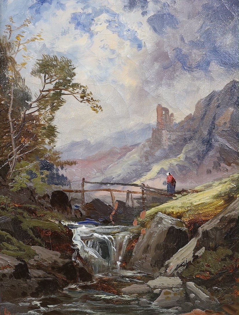 Frederick Henry Henshaw (1807-1891), pair of oils on canvas, 'Glen Holm, Isle of Man' and 'Footbridge beside a waterfall', monogrammed, 22 x 17cm